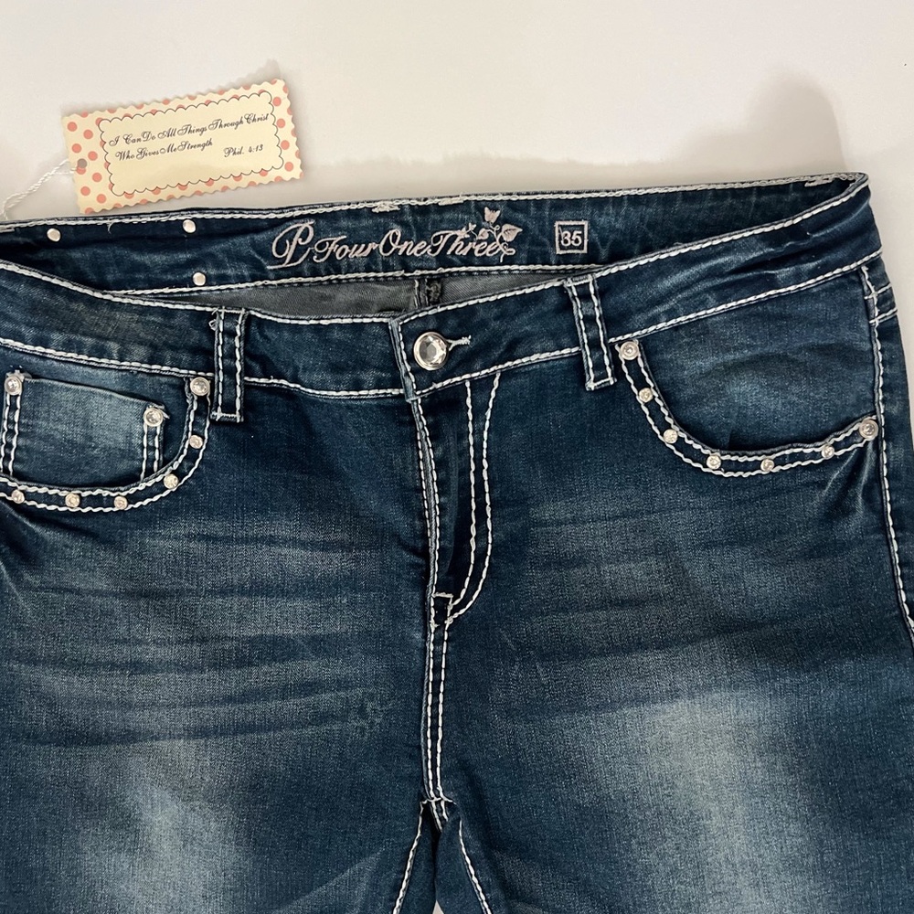 NWT P4:13 35 Cross Rhinestones Stitched Straight Leg Jeans Western Cowgirl - Picture 3 of 6